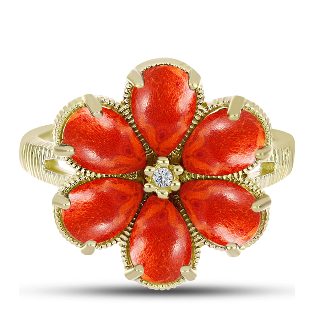 Anillo de Plata Bañada en Oro con Coral de Esponja Roja y Topacio Blanco 1 