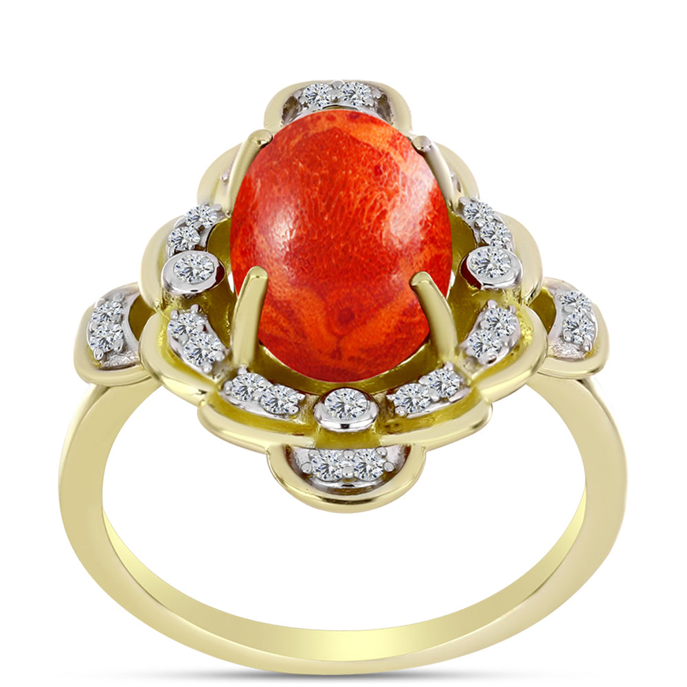 Anillo de Plata Bañada en Oro con Coral de Esponja Roja y Topacio Blanco