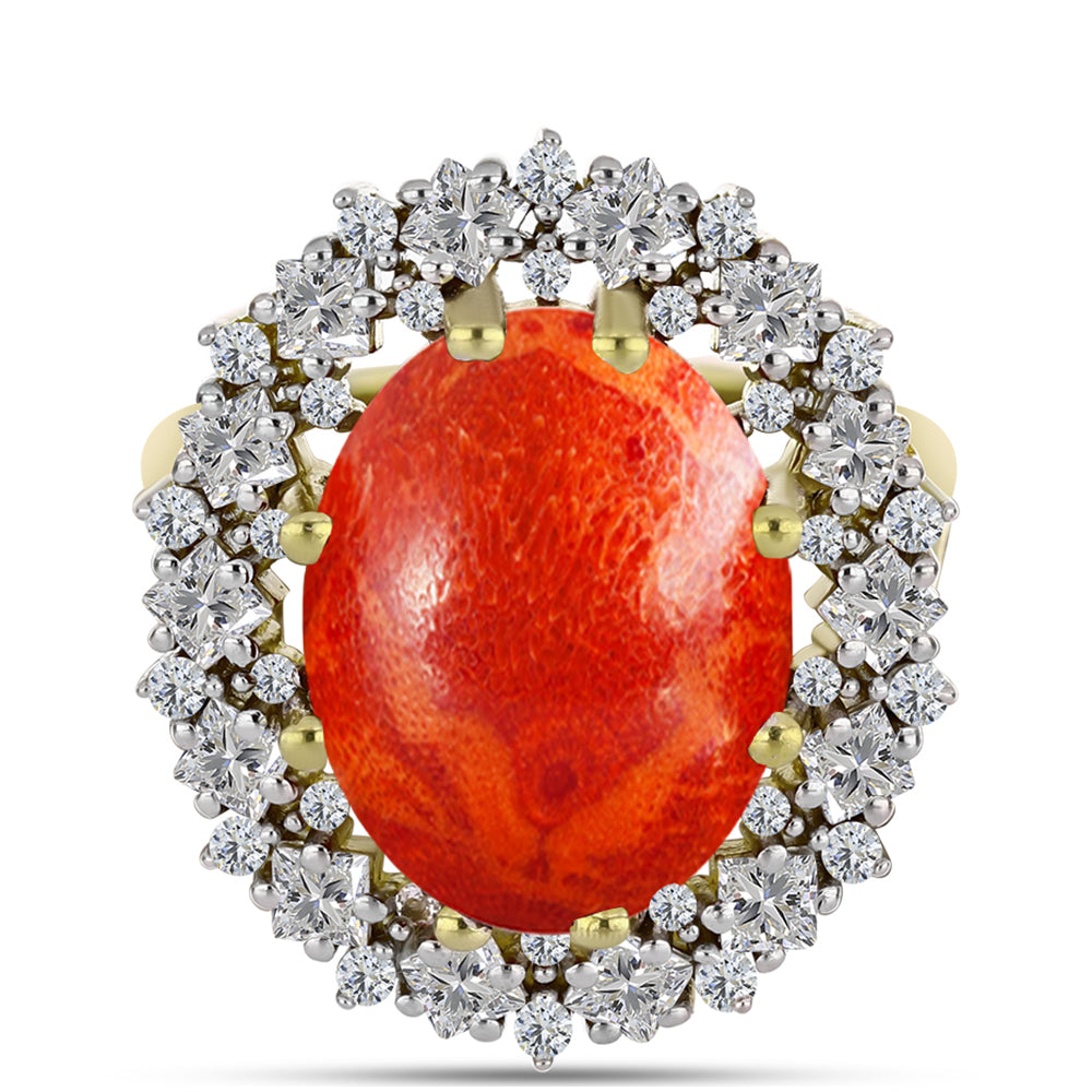 Anillo de Plata Bañada en Oro con Coral de Esponja Roja y Zircón Blanco 1 