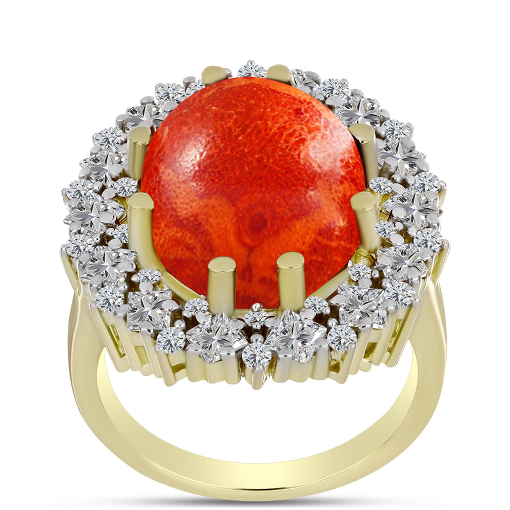 Anillo de Plata Bañada en Oro con Coral de Esponja Roja y Zircón Blanco