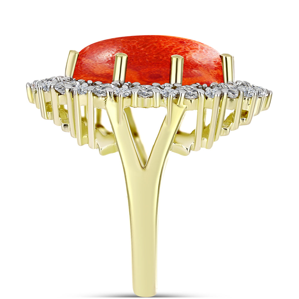Anillo de Plata Bañada en Oro con Coral de Esponja Roja y Zircón Blanco