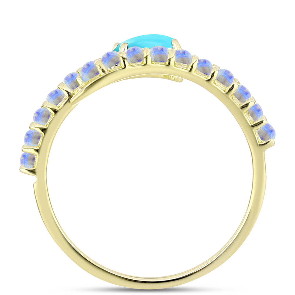 Anillo de Plata Bañada en Oro con Turquesa Bella Durmiente y Piedra Lunar Arco Iris