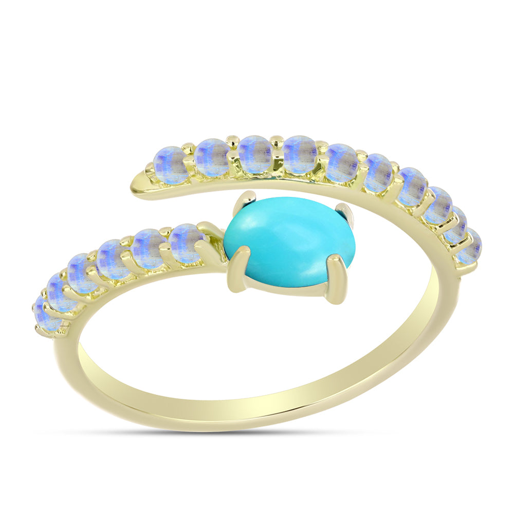 Anillo de Plata Bañada en Oro con Turquesa Bella Durmiente y Piedra Lunar Arco Iris