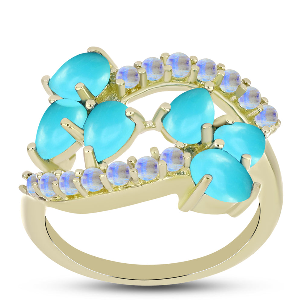 Anillo de Plata Bañada en Oro con Turquesa Bella Durmiente y Piedra Lunar Arco Iris 3 