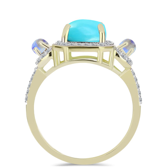 Anillo de Plata Bañada en Oro con Turquesa Bella Durmiente y Piedra Lunar Arco Iris