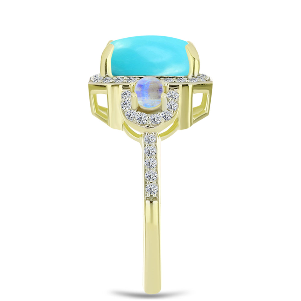 Anillo de Plata Bañada en Oro con Turquesa Bella Durmiente y Piedra Lunar Arco Iris 4 