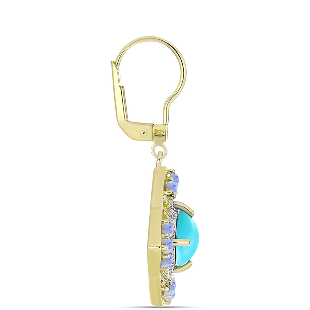 Pendientes de Plata Bañada en Oro con Turquesa Bella Durmiente y Piedra Lunar Arco Iris 2 