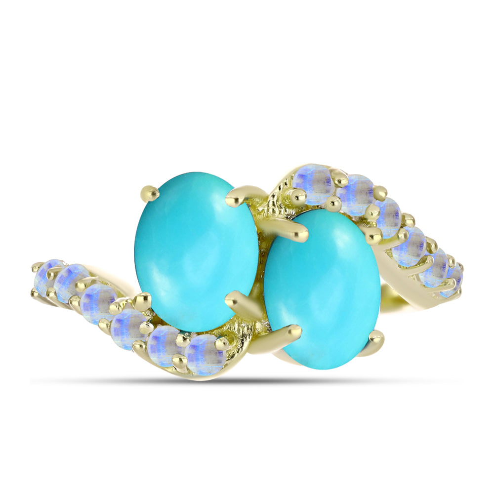 Anillo de Plata Bañada en Oro con Turquesa Bella Durmiente y Piedra Lunar Arco Iris 1 