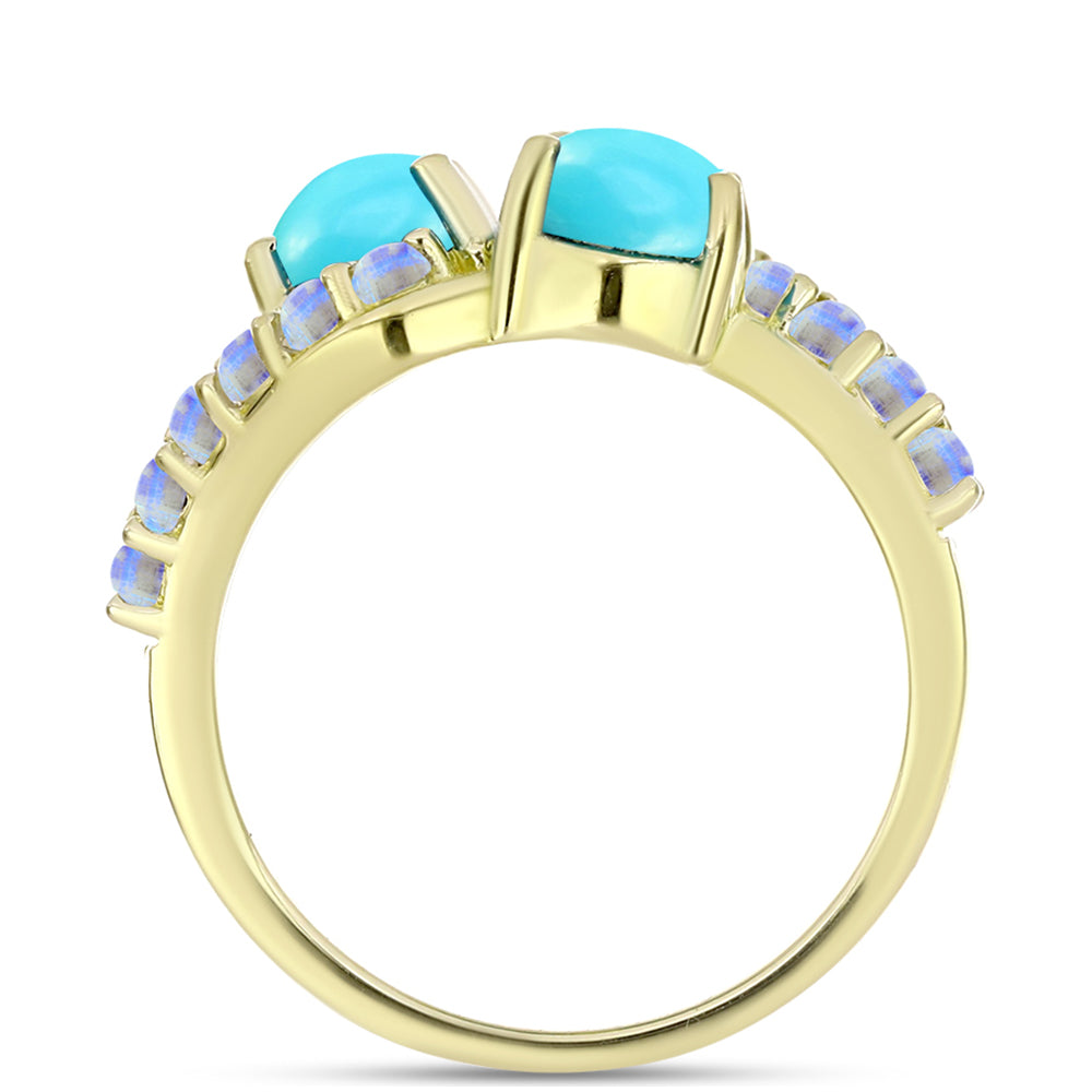 Anillo de Plata Bañada en Oro con Turquesa Bella Durmiente y Piedra Lunar Arco Iris