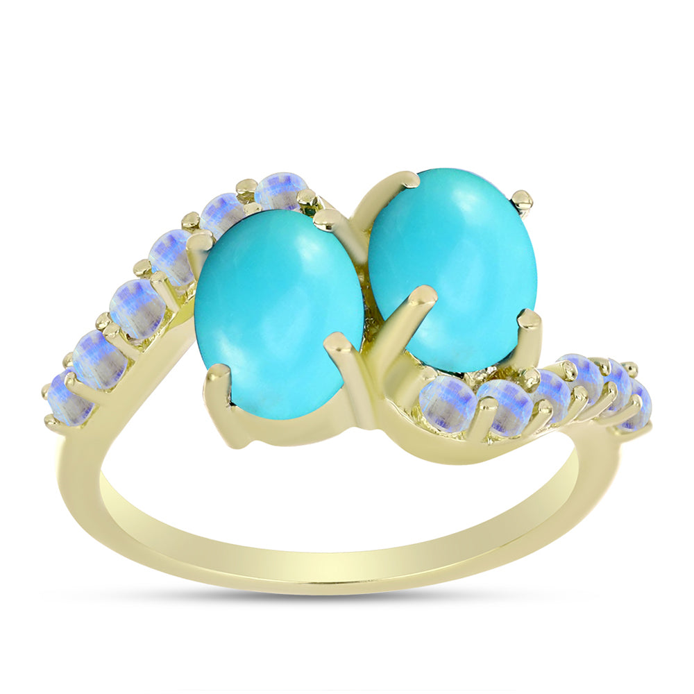 Anillo de Plata Bañada en Oro con Turquesa Bella Durmiente y Piedra Lunar Arco Iris