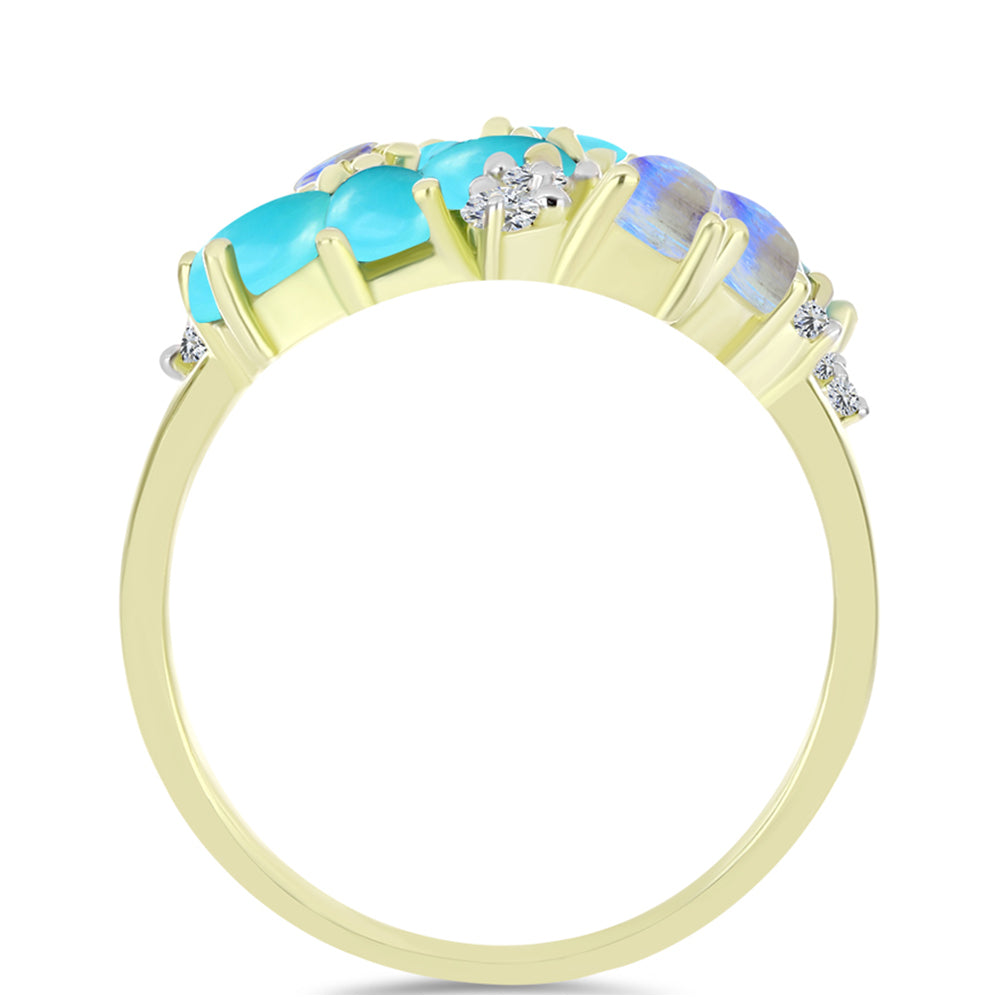 Anillo de Plata Bañada en Oro con Turquesa Bella Durmiente y Piedra Lunar Arco Iris 2 