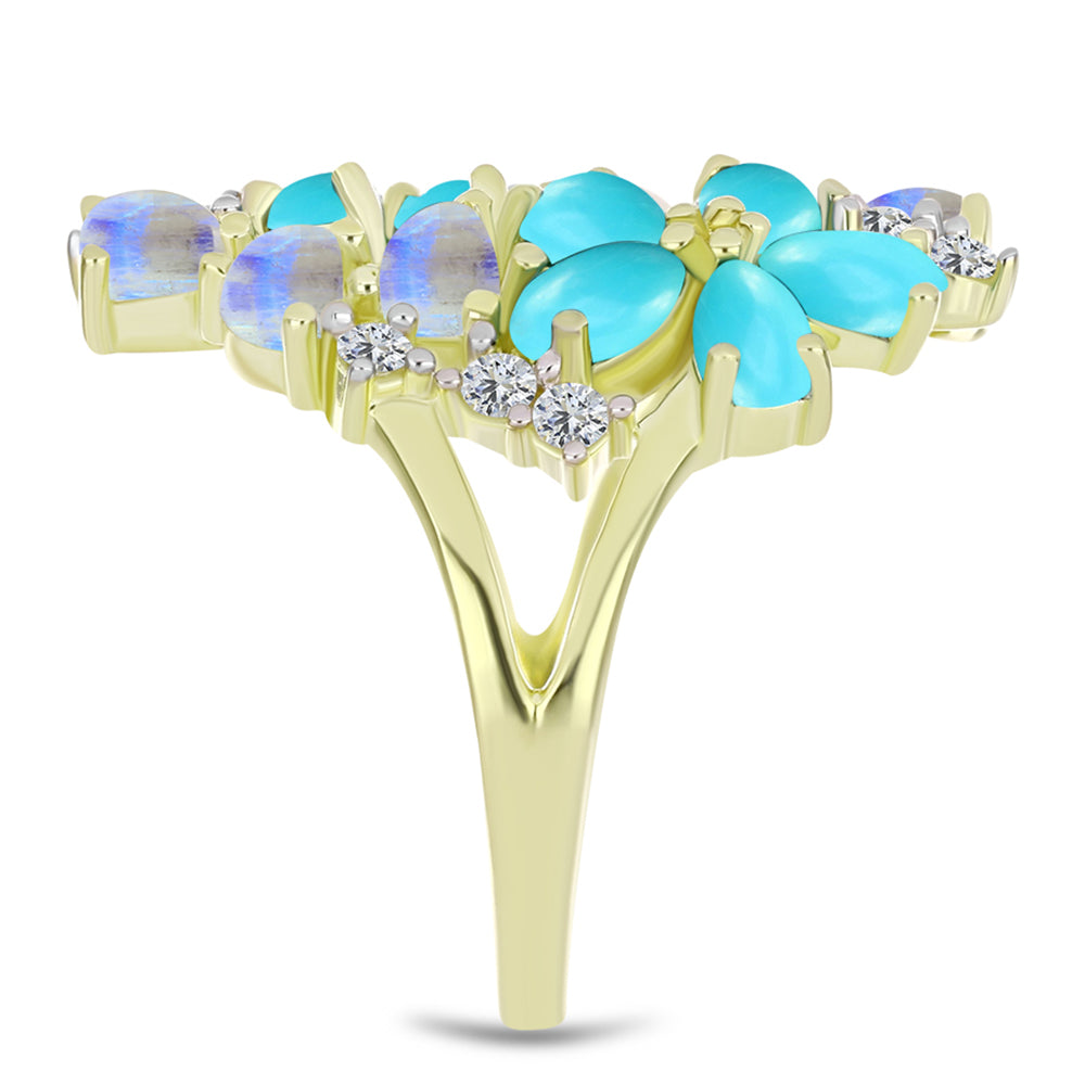 Anillo de Plata Bañada en Oro con Turquesa Bella Durmiente y Piedra Lunar Arco Iris 4 