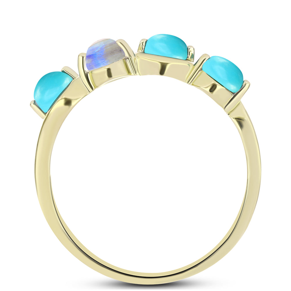 Anillo de Plata Bañada en Oro con Turquesa Bella Durmiente y Piedra Lunar Arco Iris