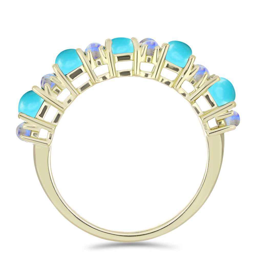 Anillo de Plata Bañada en Oro con Turquesa Bella Durmiente y Piedra Lunar Arco Iris