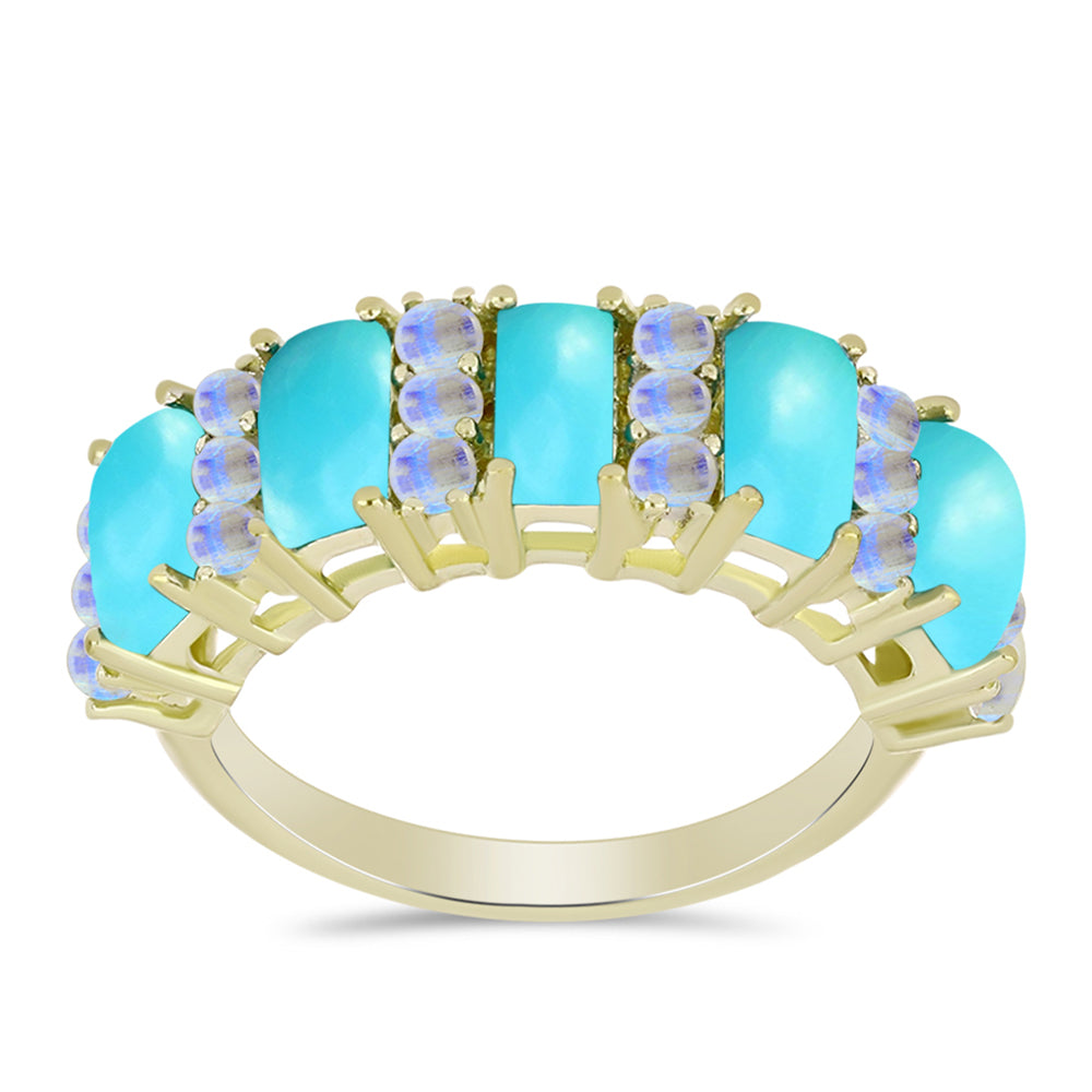 Anillo de Plata Bañada en Oro con Turquesa Bella Durmiente y Piedra Lunar Arco Iris