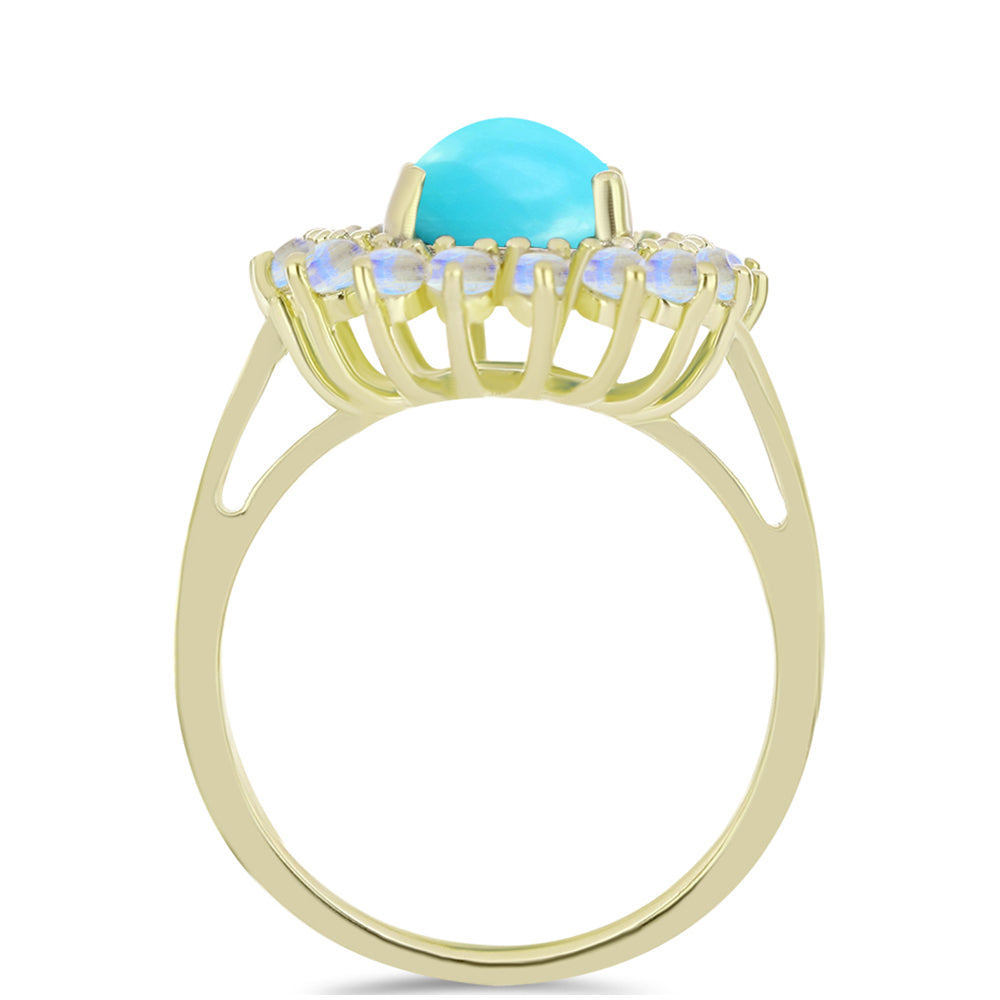 Anillo de Plata Bañada en Oro con Turquesa Bella Durmiente y Piedra Lunar Arco Iris 2 
