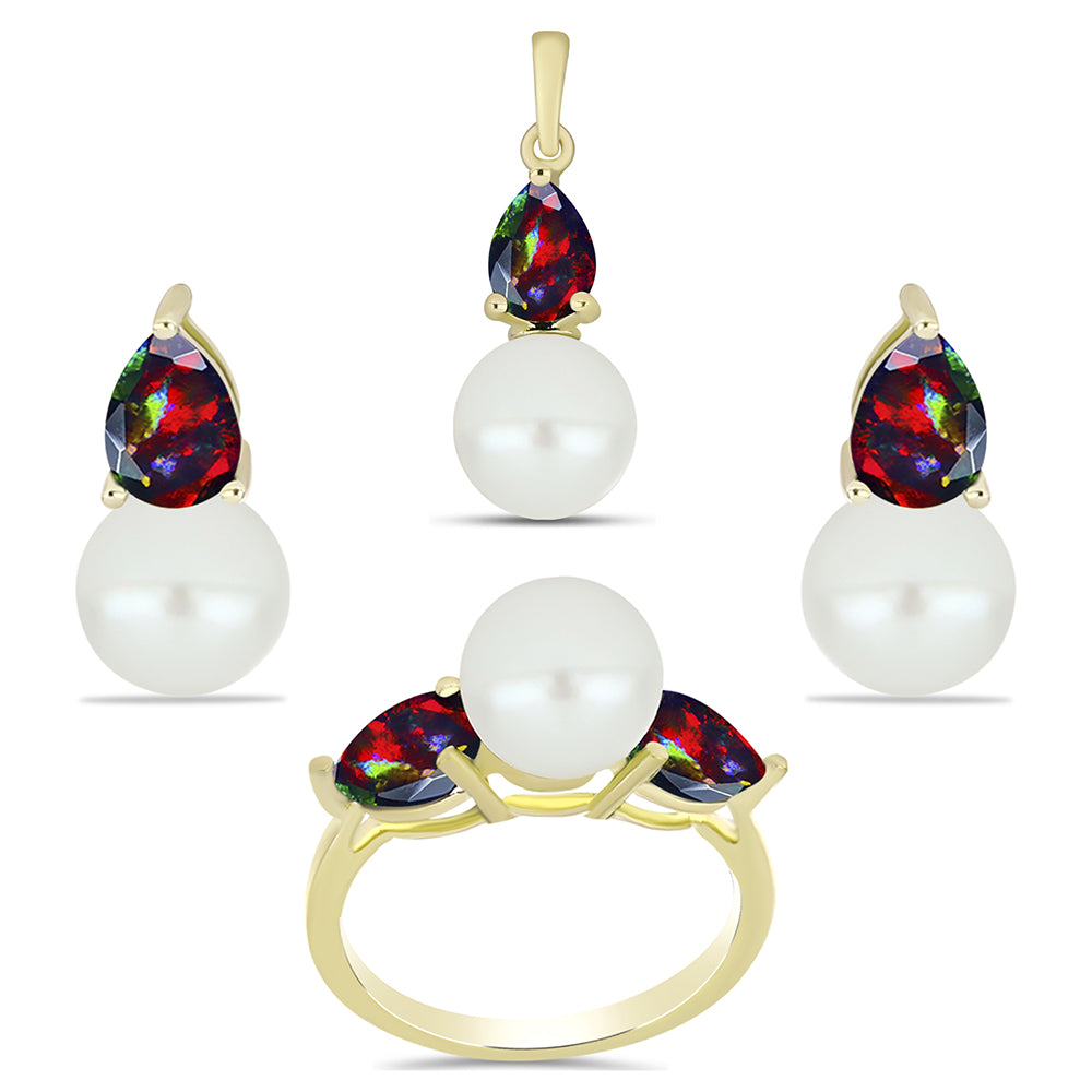 Conjunto de Plata Bañada en Oro con Ópalo negro medianoche Lega Dembi de Ëtiopía y Perla de Agua Dulce ( Pendientes +Anillo +Colgante )