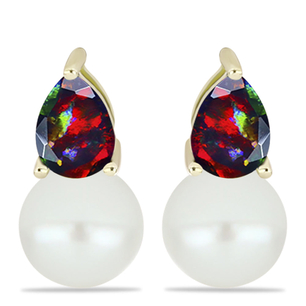 Conjunto de Plata Bañada en Oro con Ópalo negro medianoche Lega Dembi de Ëtiopía y Perla de Agua Dulce ( Pendientes +Anillo +Colgante ) 3 