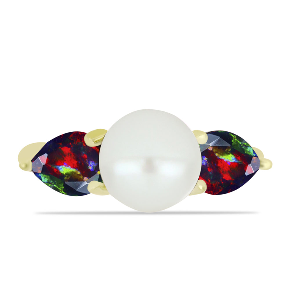Conjunto de Plata Bañada en Oro con Ópalo negro medianoche Lega Dembi de Ëtiopía y Perla de Agua Dulce ( Pendientes +Anillo +Colgante ) 4 