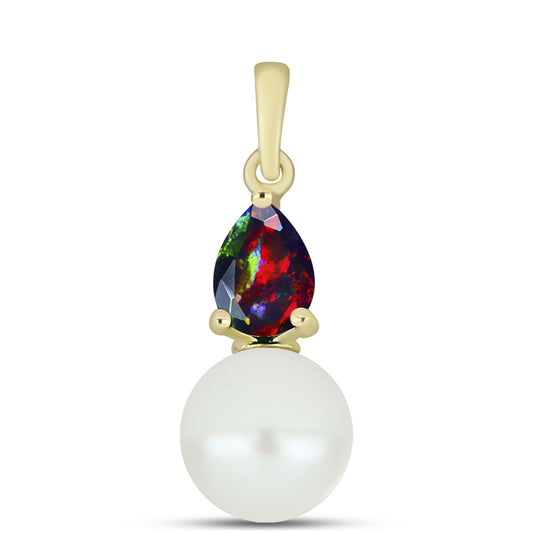 Conjunto de Plata Bañada en Oro con Ópalo negro medianoche Lega Dembi de Ëtiopía y Perla de Agua Dulce ( Pendientes +Anillo +Colgante )