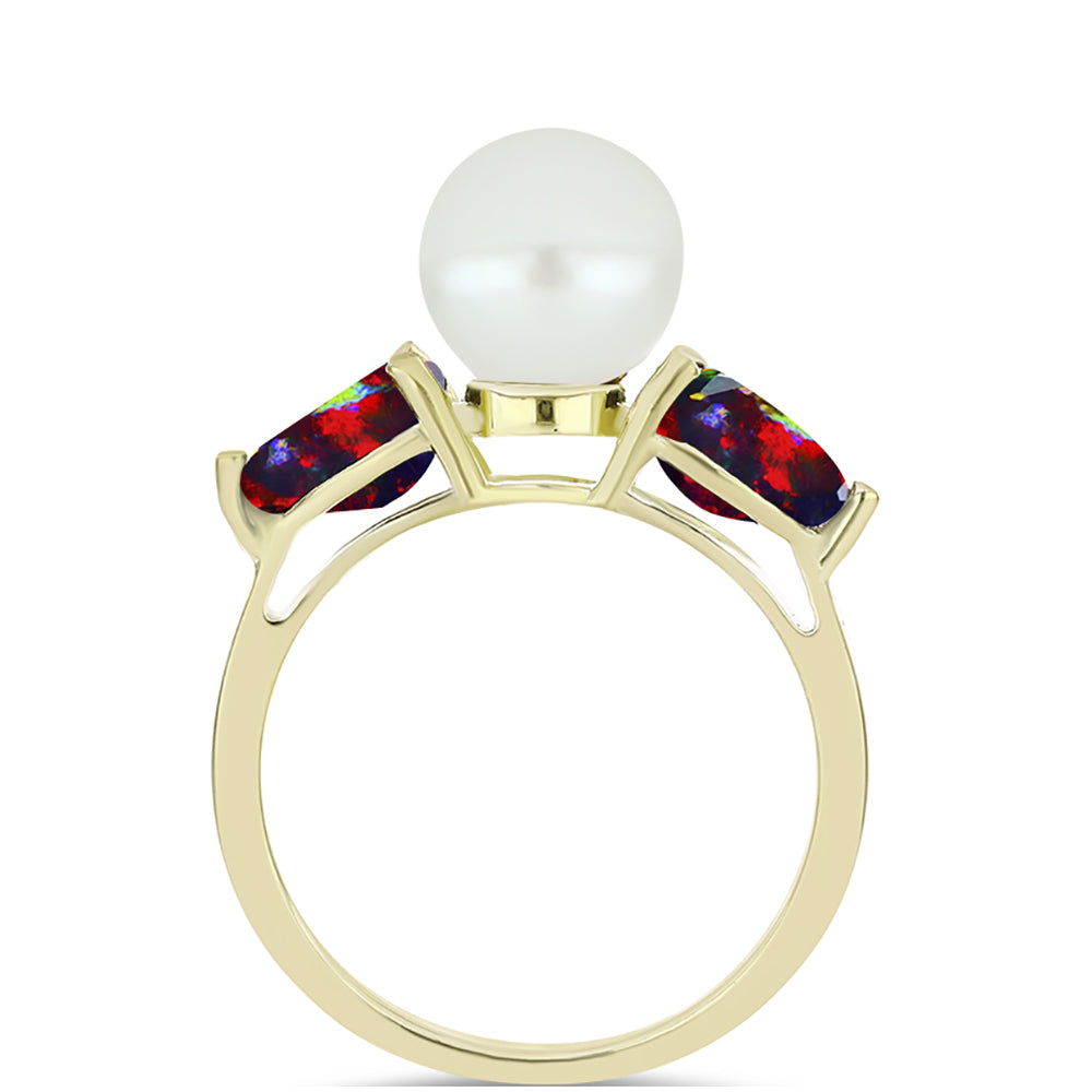 Conjunto de Plata Bañada en Oro con Ópalo negro medianoche Lega Dembi de Ëtiopía y Perla de Agua Dulce ( Pendientes +Anillo +Colgante ) 7 