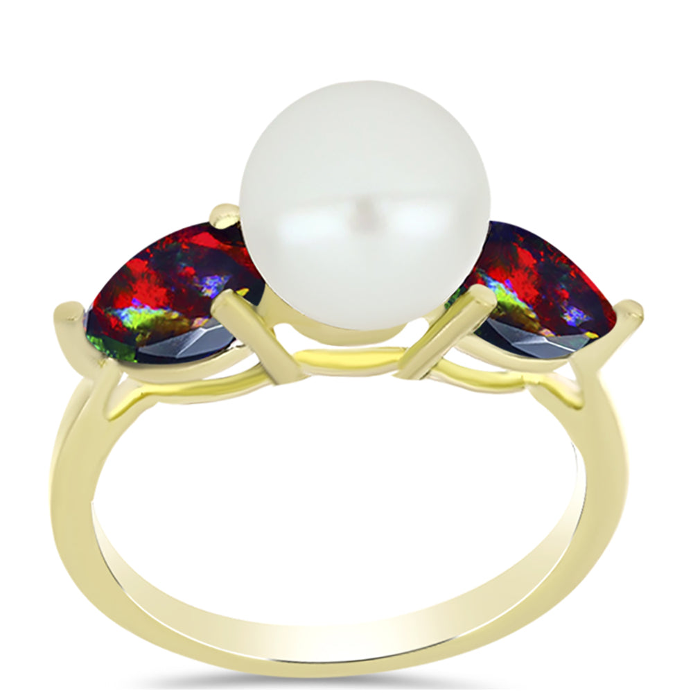 Conjunto de Plata Bañada en Oro con Ópalo negro medianoche Lega Dembi de Ëtiopía y Perla de Agua Dulce ( Pendientes +Anillo +Colgante ) 8 