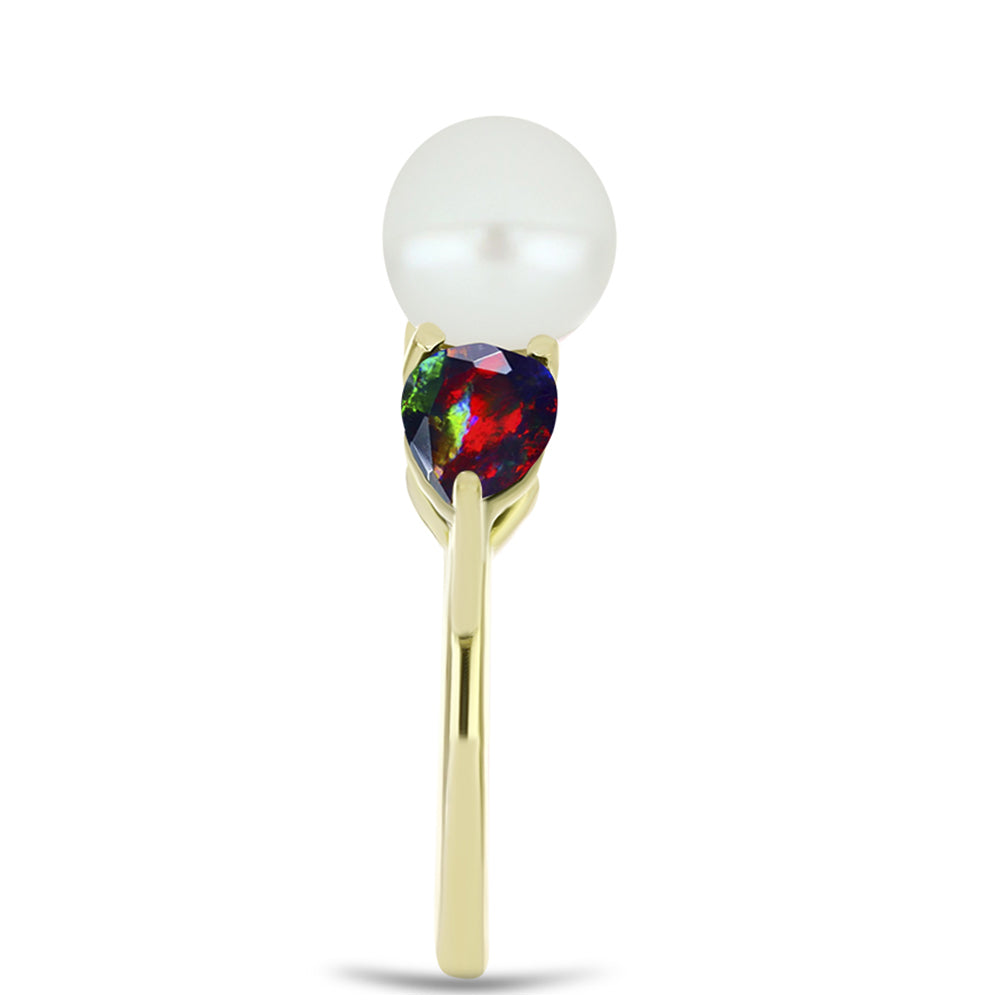Conjunto de Plata Bañada en Oro con Ópalo negro medianoche Lega Dembi de Ëtiopía y Perla de Agua Dulce ( Pendientes +Anillo +Colgante )