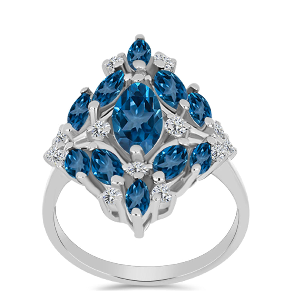 Anillo de Plata con Topacio Azul Londres y Topacio Blanco 3 