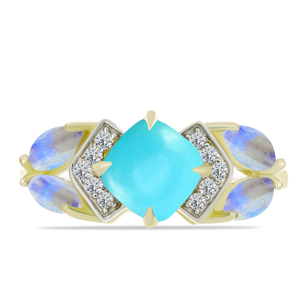 Anillo de Plata Bañada en Oro con Turquesa Bella Durmiente y Piedra Lunar Arco Iris 1 