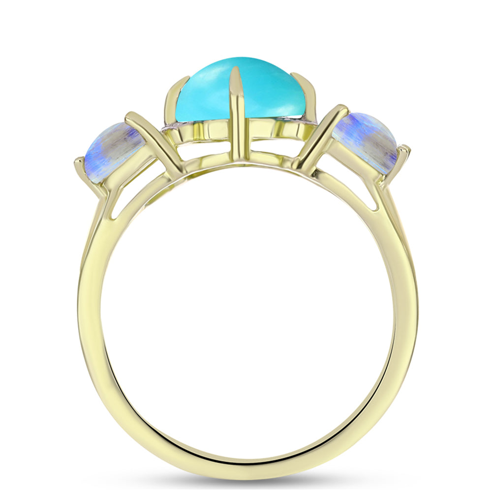 Anillo de Plata Bañada en Oro con Turquesa Bella Durmiente y Piedra Lunar Arco Iris