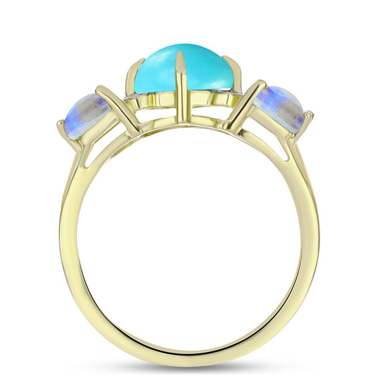 Anillo de Plata Bañada en Oro con Turquesa Bella Durmiente y Piedra Lunar Arco Iris