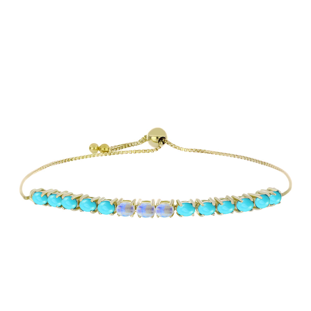 Pulsera de Plata Bañada en Oro con Turquesa Bella Durmiente y Piedra Lunar Arco Iris