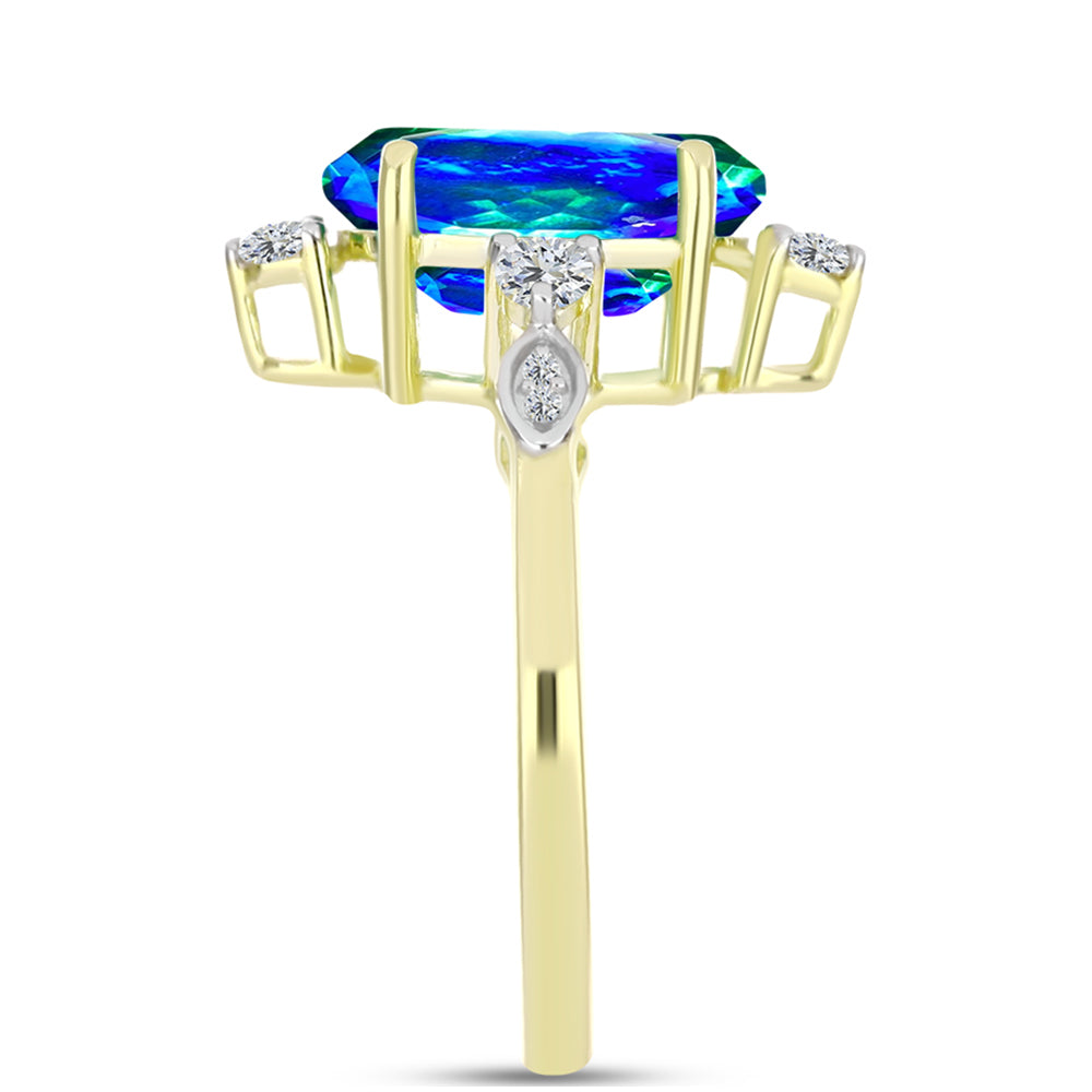 Anillo de Plata Bañada en Oro con Cuarzo Pavo Real y Topacio Blanco 4 