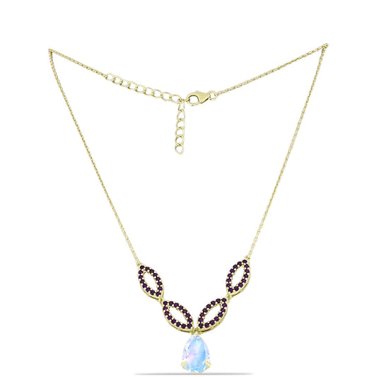 Collar de Plata Bañada en Oro con Piedra Lunar Arco Iris y Amatista de Marruecos