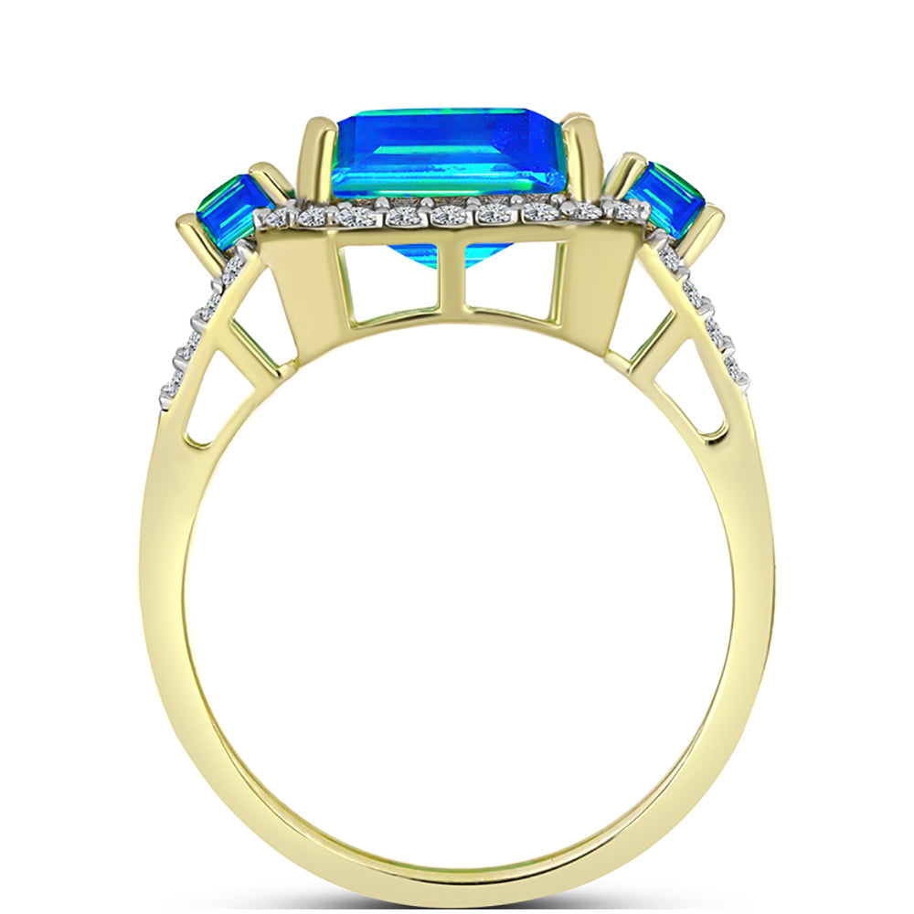 Anillo de Plata Bañada en Oro con Cuarzo Pavo Real y Topacio Blanco 2 