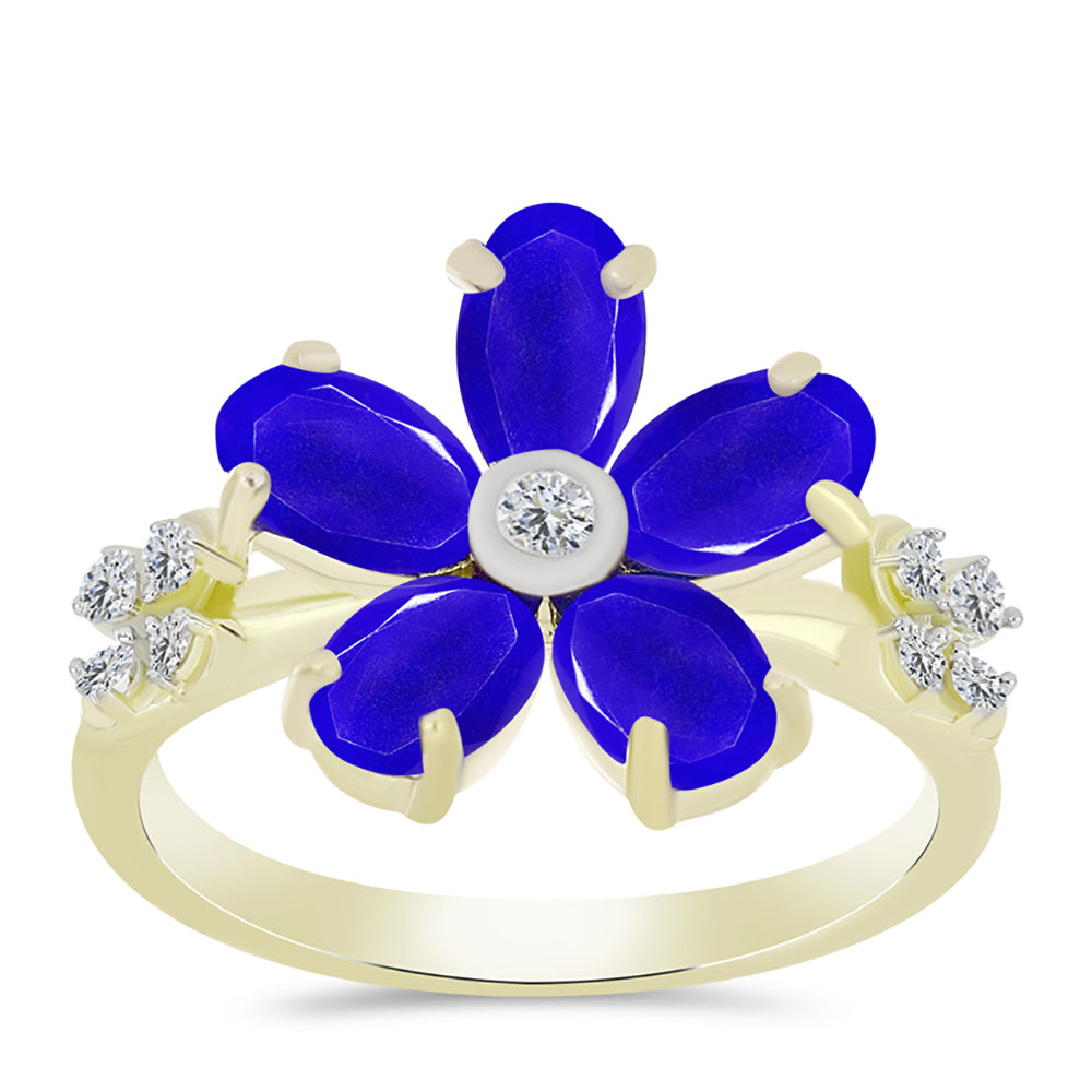 Anillo de Plata Bañada en Oro con Ágata azul y Topacio Blanco 3 