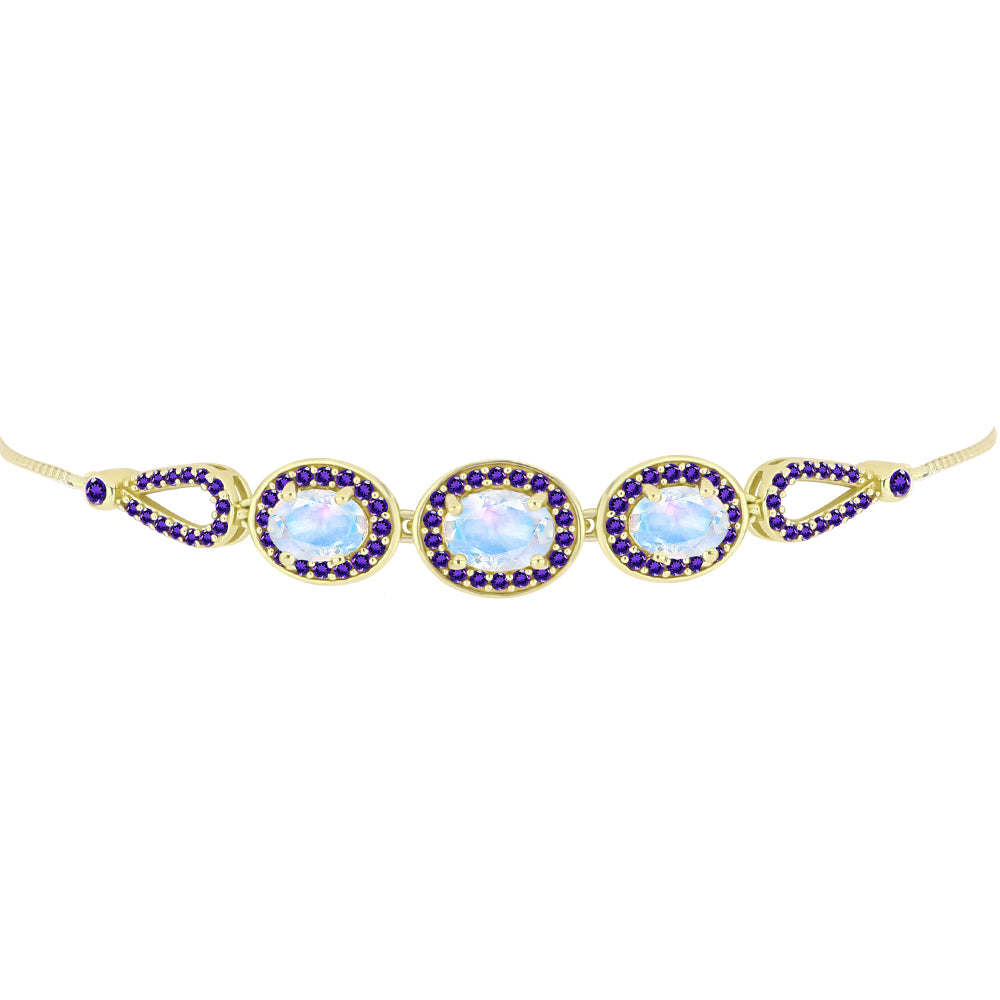 Pulsera de Plata Bañada en Oro con Piedra Lunar Arco Iris y Amatista de Marruecos 2 