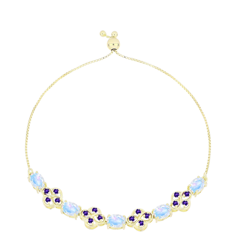Pulsera de Plata Bañada en Oro con Piedra Lunar Arco Iris y Amatista de Marruecos