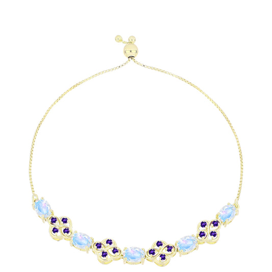 Pulsera de Plata Bañada en Oro con Piedra Lunar Arco Iris y Amatista de Marruecos