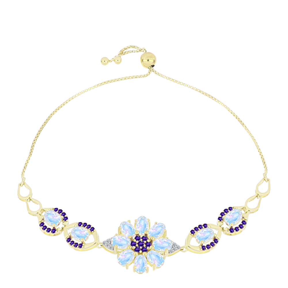 Pulsera de Plata Bañada en Oro con Piedra Lunar Arco Iris y Amatista de Marruecos 1 