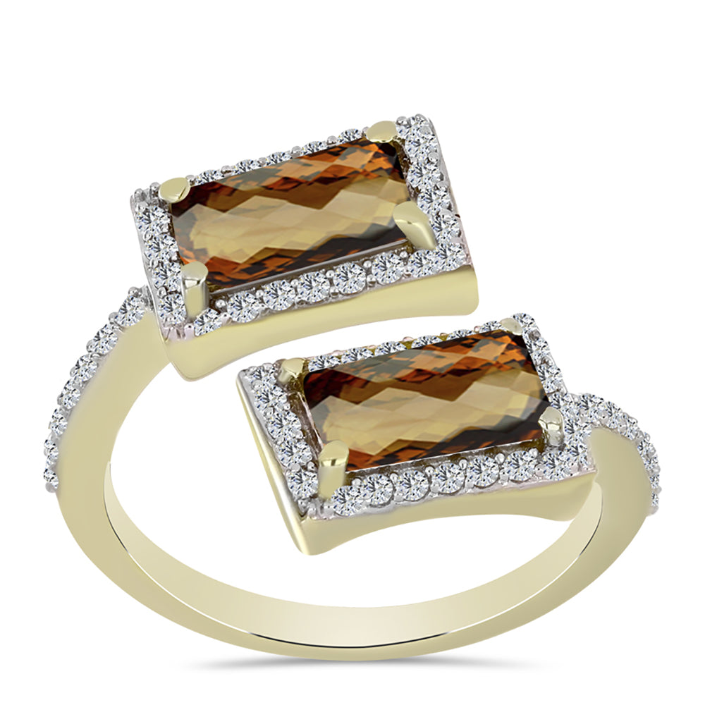 Anillo de Plata Bañada en Oro con Cuarzo Coñac y Topacio Blanco 3 