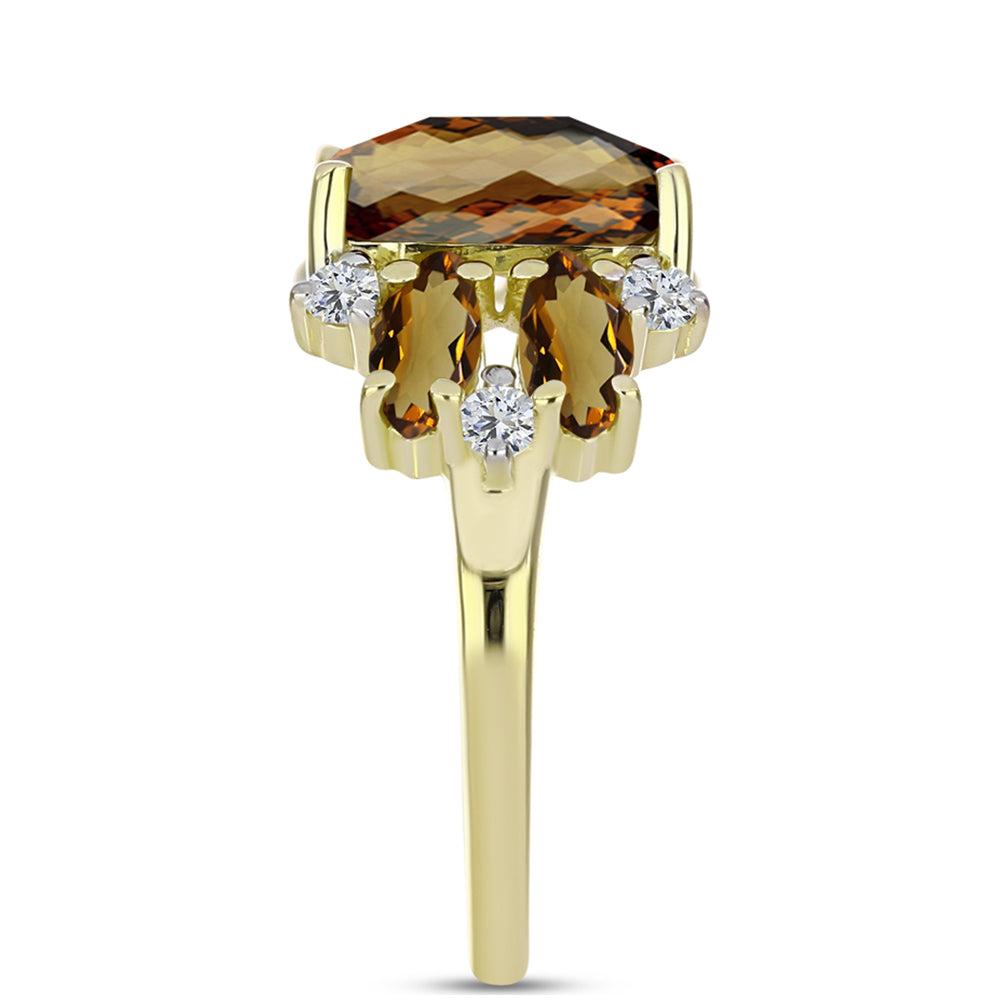 Anillo de Plata Bañada en Oro con Cuarzo Coñac y Topacio Blanco