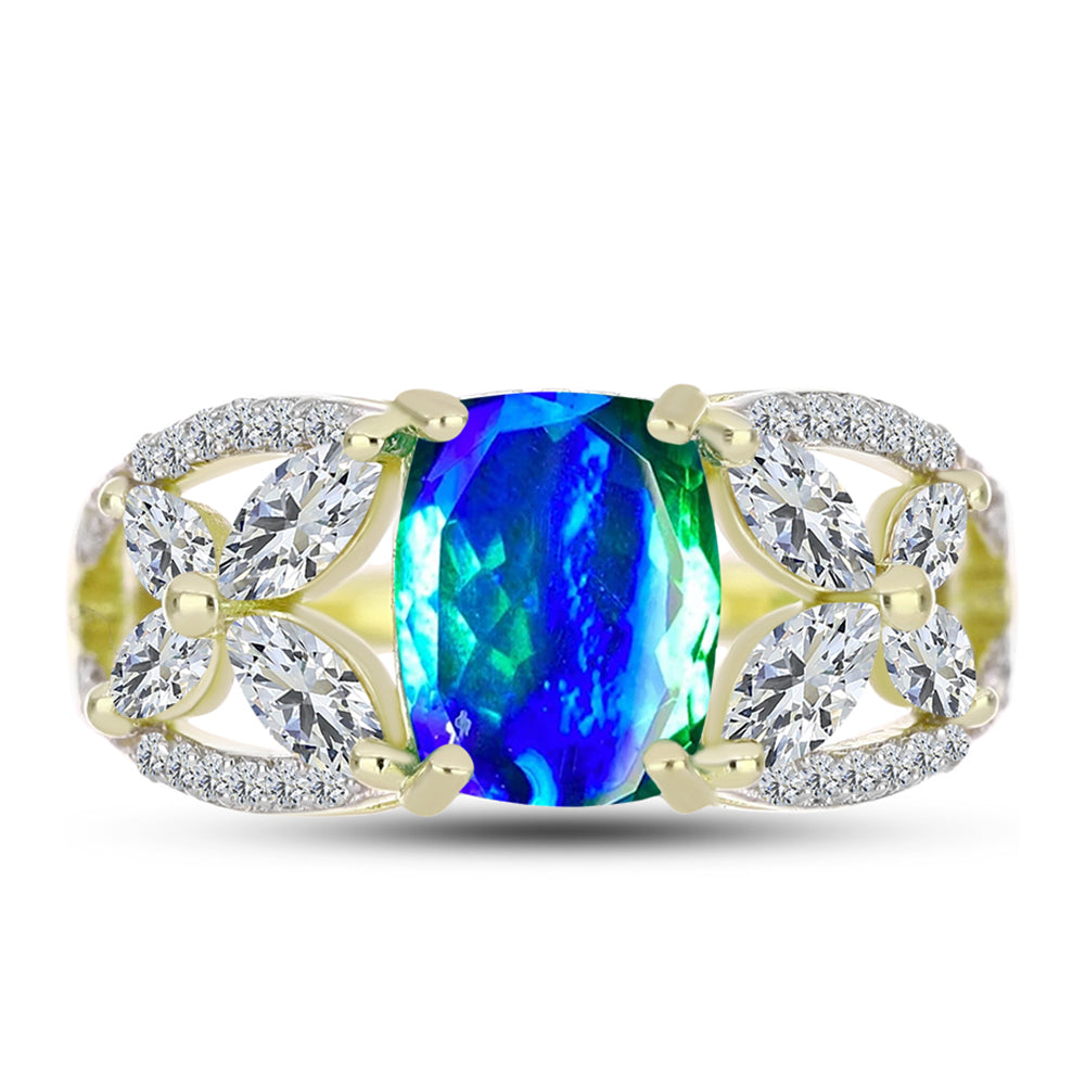 Anillo de Plata Bañada en Oro con Cuarzo Pavo Real y Topacio Blanco 1 