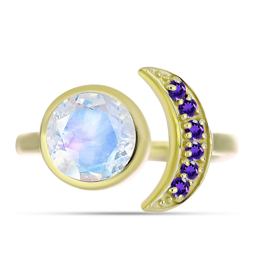 Anillo de Plata Bañada en Oro con Piedra Lunar Arco Iris y Amatista de Marruecos 1 