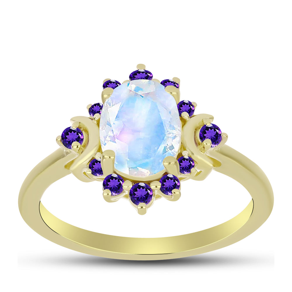 Anillo de Plata Bañada en Oro con Piedra Lunar Arco Iris y Amatista de Marruecos 3 