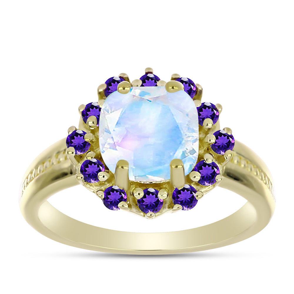 Anillo de Plata Bañada en Oro con Piedra Lunar Arco Iris y Amatista de Marruecos 3 