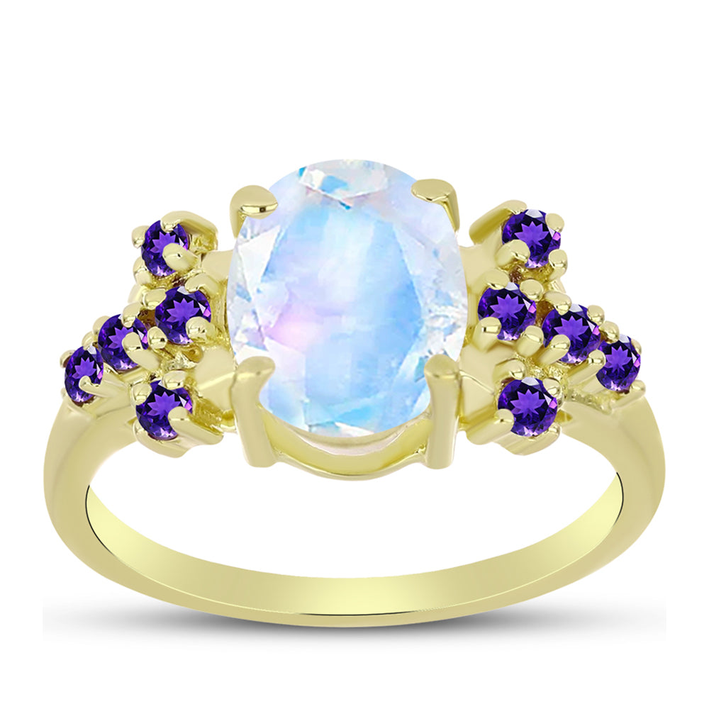 Anillo de Plata Bañada en Oro con Piedra Lunar Arco Iris y Amatista de Marruecos 3 