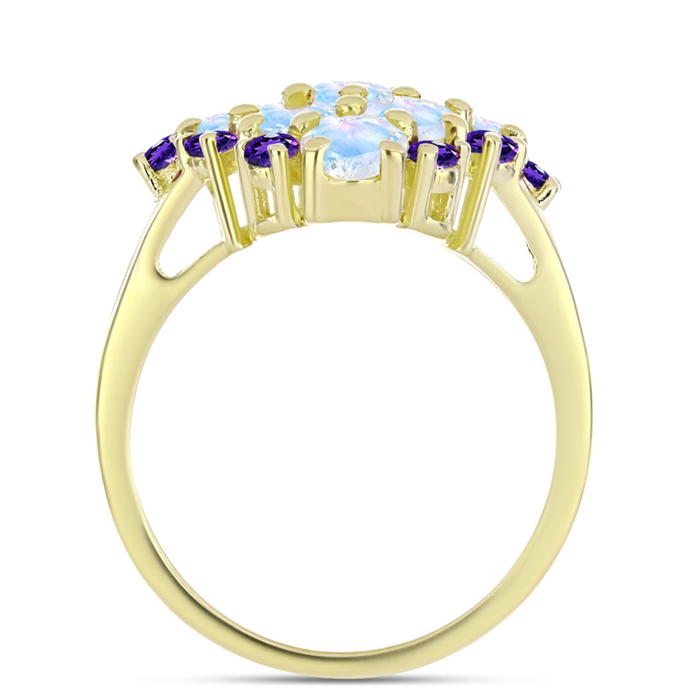 Anillo de Plata Bañada en Oro con Piedra Lunar Arco Iris y Amatista de Marruecos