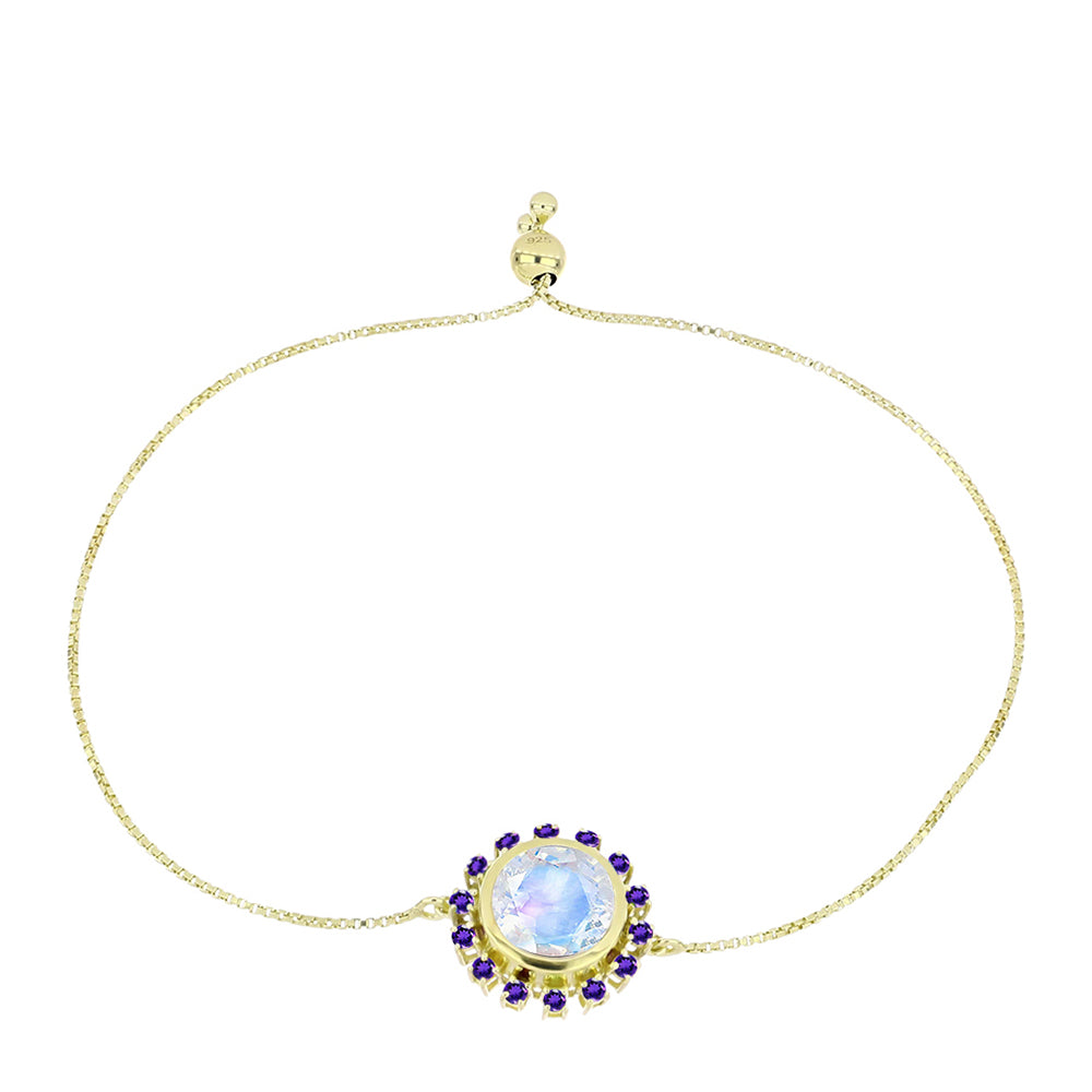 Pulsera de Plata Bañada en Oro con Piedra Lunar Arco Iris y Amatista de Marruecos
