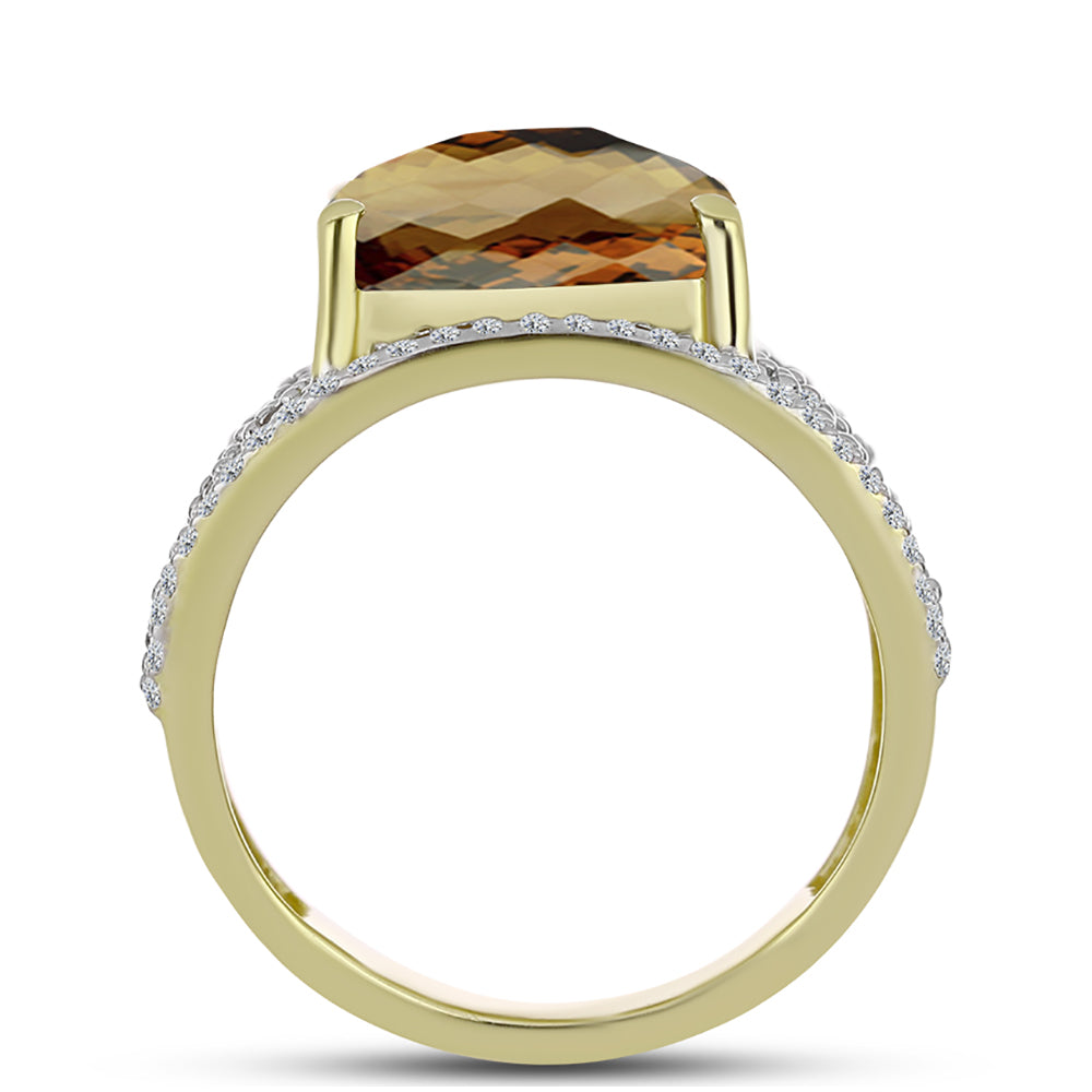 Anillo de Plata Bañada en Oro con Cuarzo Coñac y Topacio Blanco